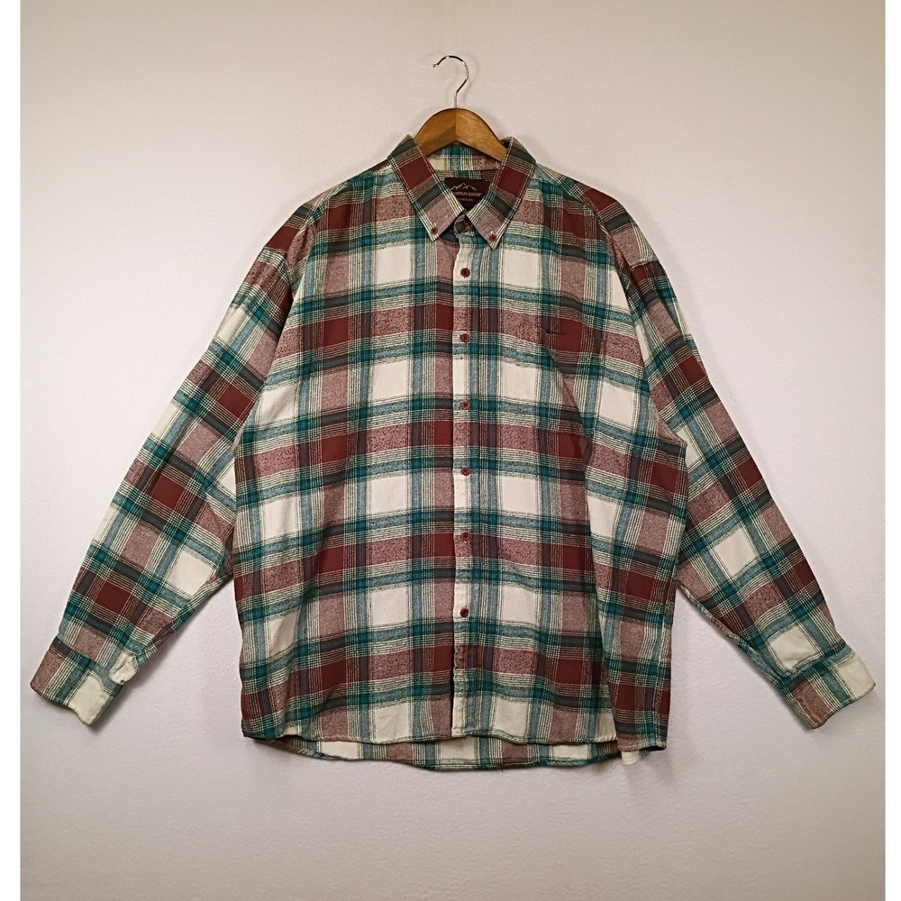 Outdoorsy Mountain Ridge Mens XXL Burgundy Green Plaid Cotton Button Down Shirt